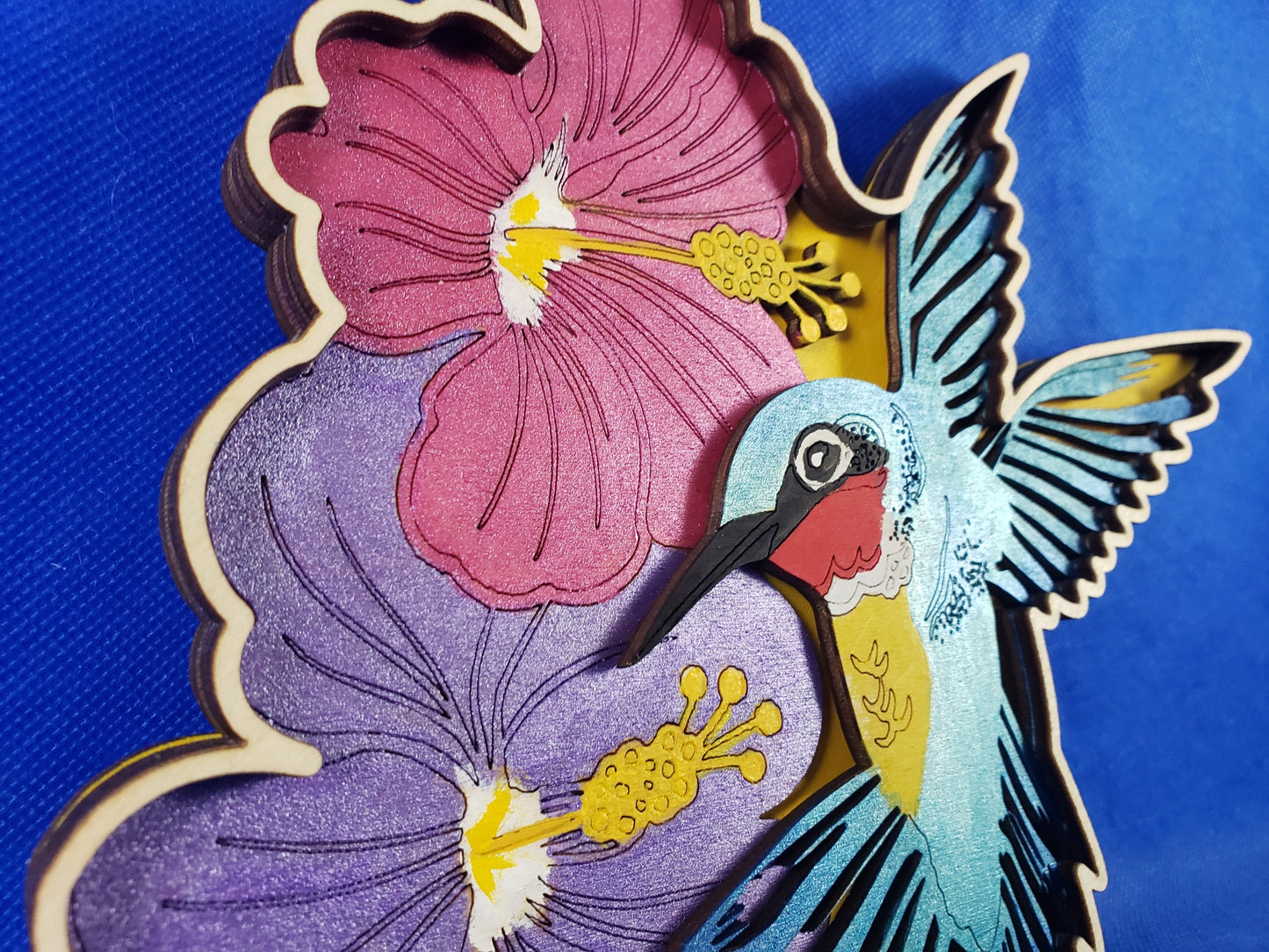 3d multilevel Humming bird and Hibiscus laser cut home decor art, designed and hand made in Texas