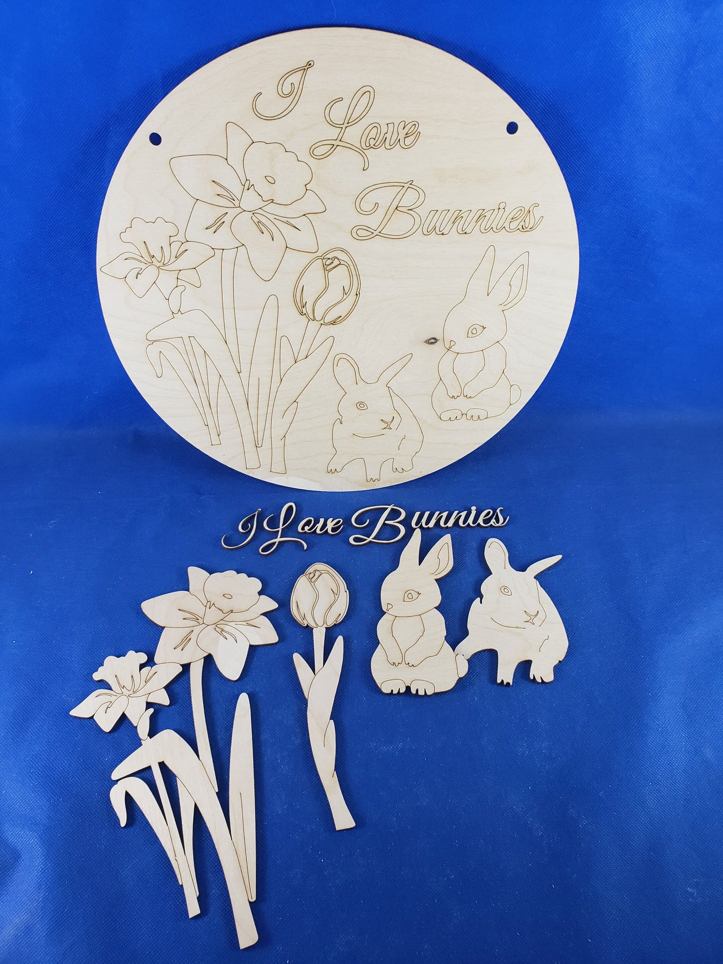 Unfinished Wood Round DIY Kit | I Love Bunnies House Door Hanger | Door Decor | Wooden Door Hanger | Paint Your Own DIY Kit |