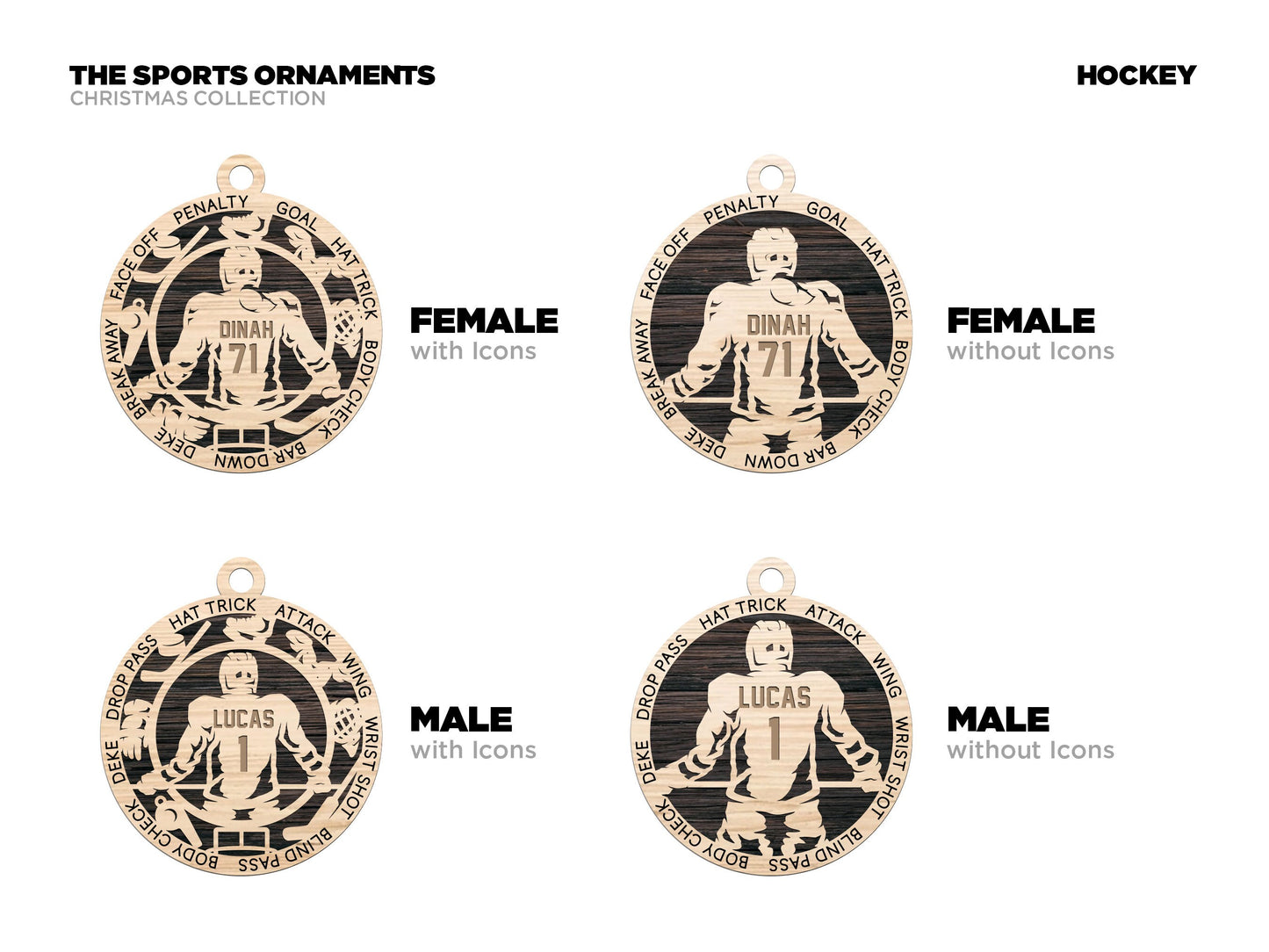 Hockey Sports Ornaments - Laser cut and engraved decorations