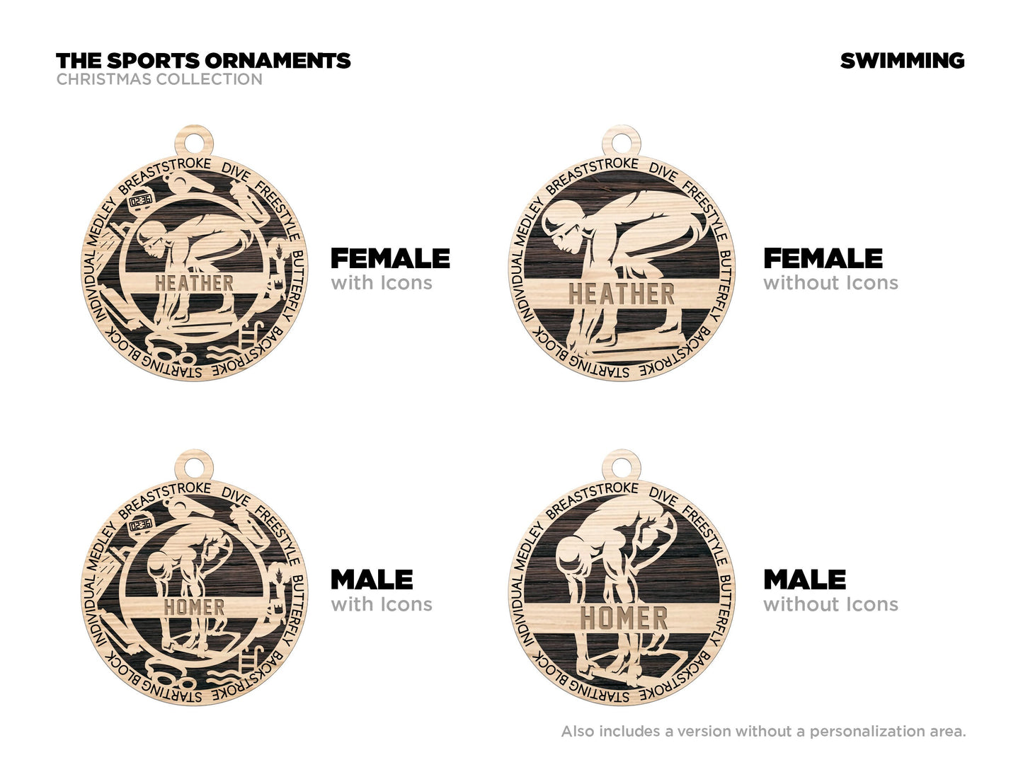 Swimming Sports Ornaments - Laser cut and engraved decorations