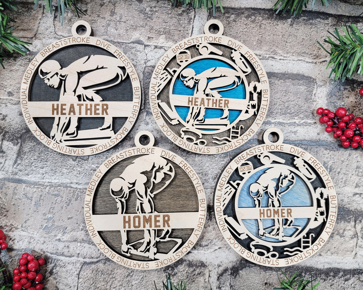 Swimming Sports Ornaments - Laser cut and engraved decorations