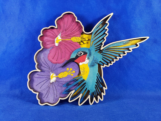 3d multilevel Humming bird and Hibiscus laser cut home decor art, designed and hand made in Texas