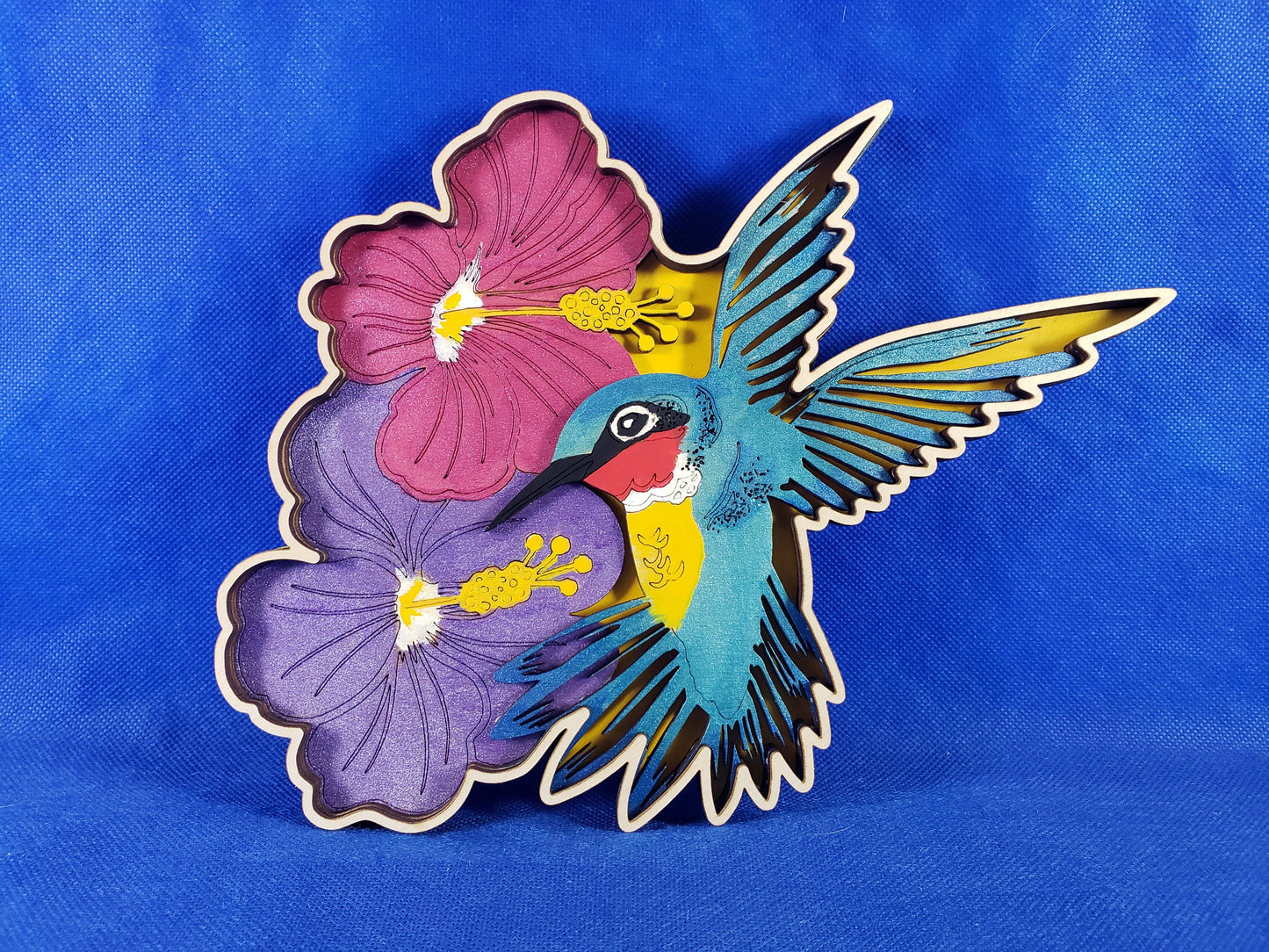 3d multilevel Humming bird and Hibiscus laser cut home decor art, designed and hand made in Texas
