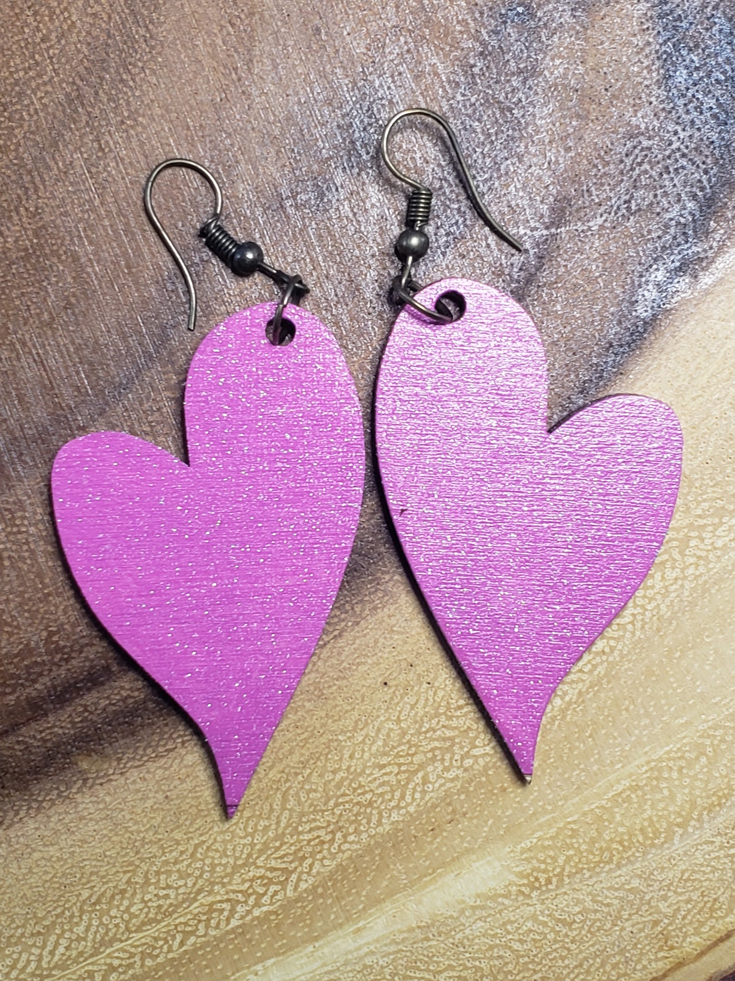 Heart Warped Magenta Glitter - Hand Painted Laser Cut Earrings