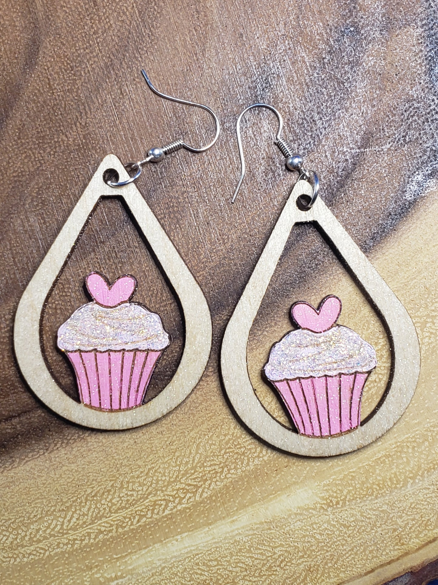 Cupcake in Teardrop Pink - Hand Painted Laser Cut Earrings