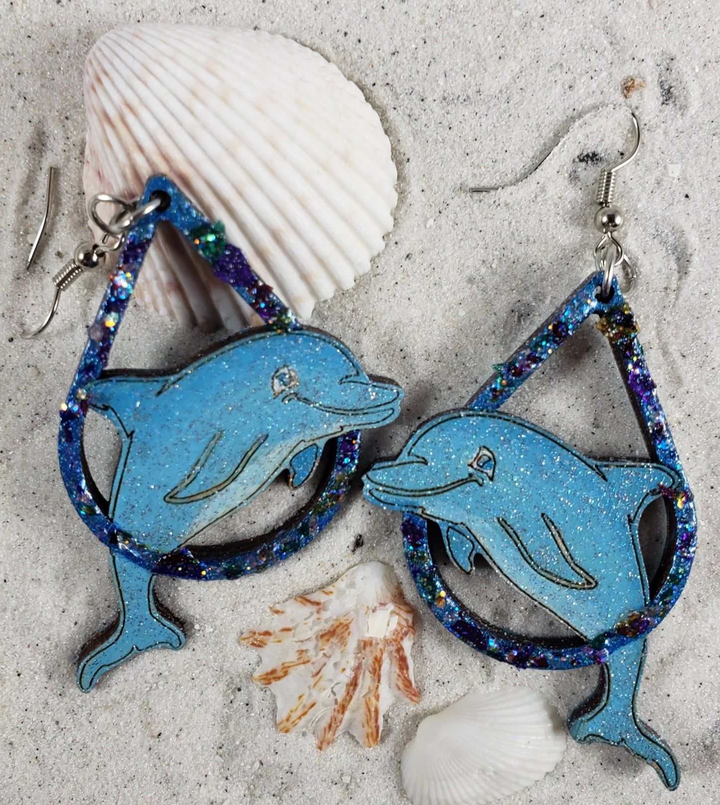 Dolphins Jumping through Teardrop - Hand Painted Laser Cut earrings