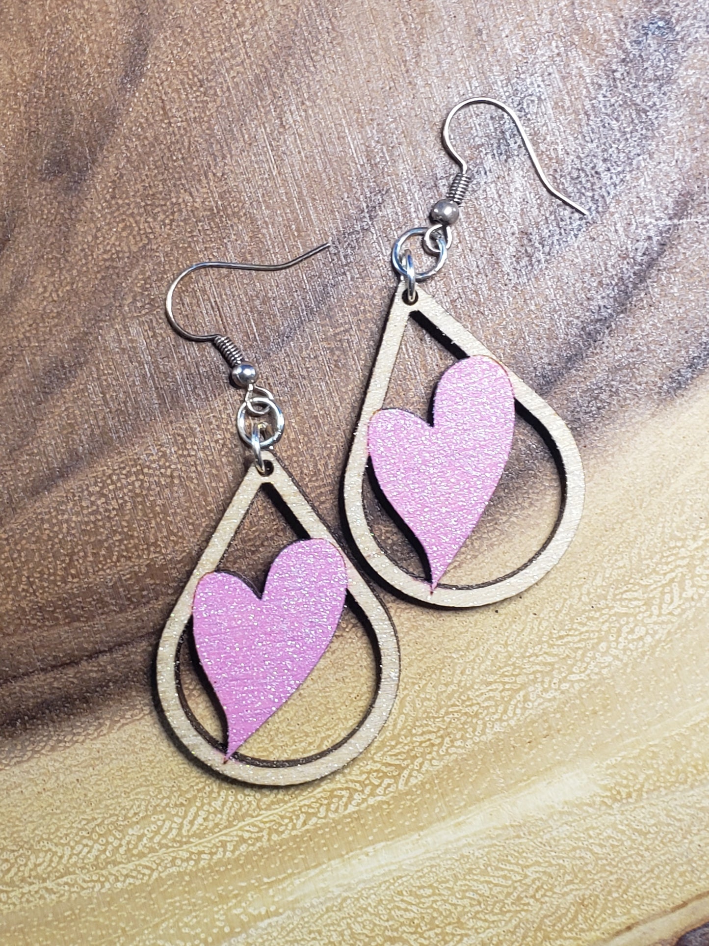 Heart Warped in Teardrop Light Pink Glitter - Hand Painted Laser Cut Earrings