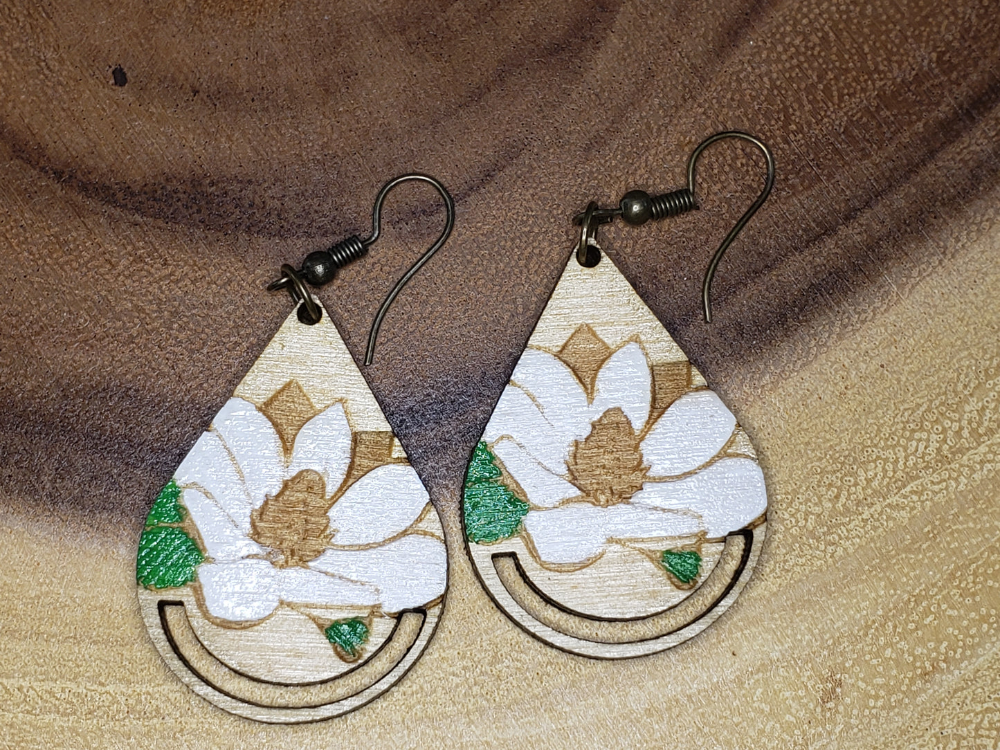 White Magnolias in Teardrop - Hand Painted Laser Cut Earrings