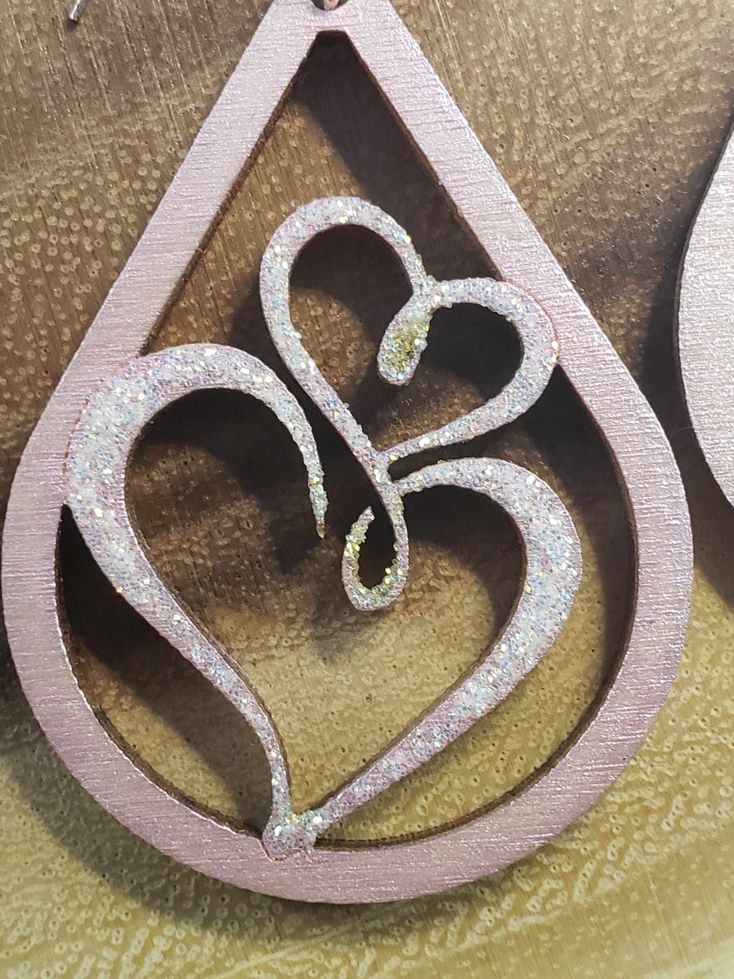 Hearts in Teardrop Light Pink Glitter - Hand Painted Laser Cut Earrings