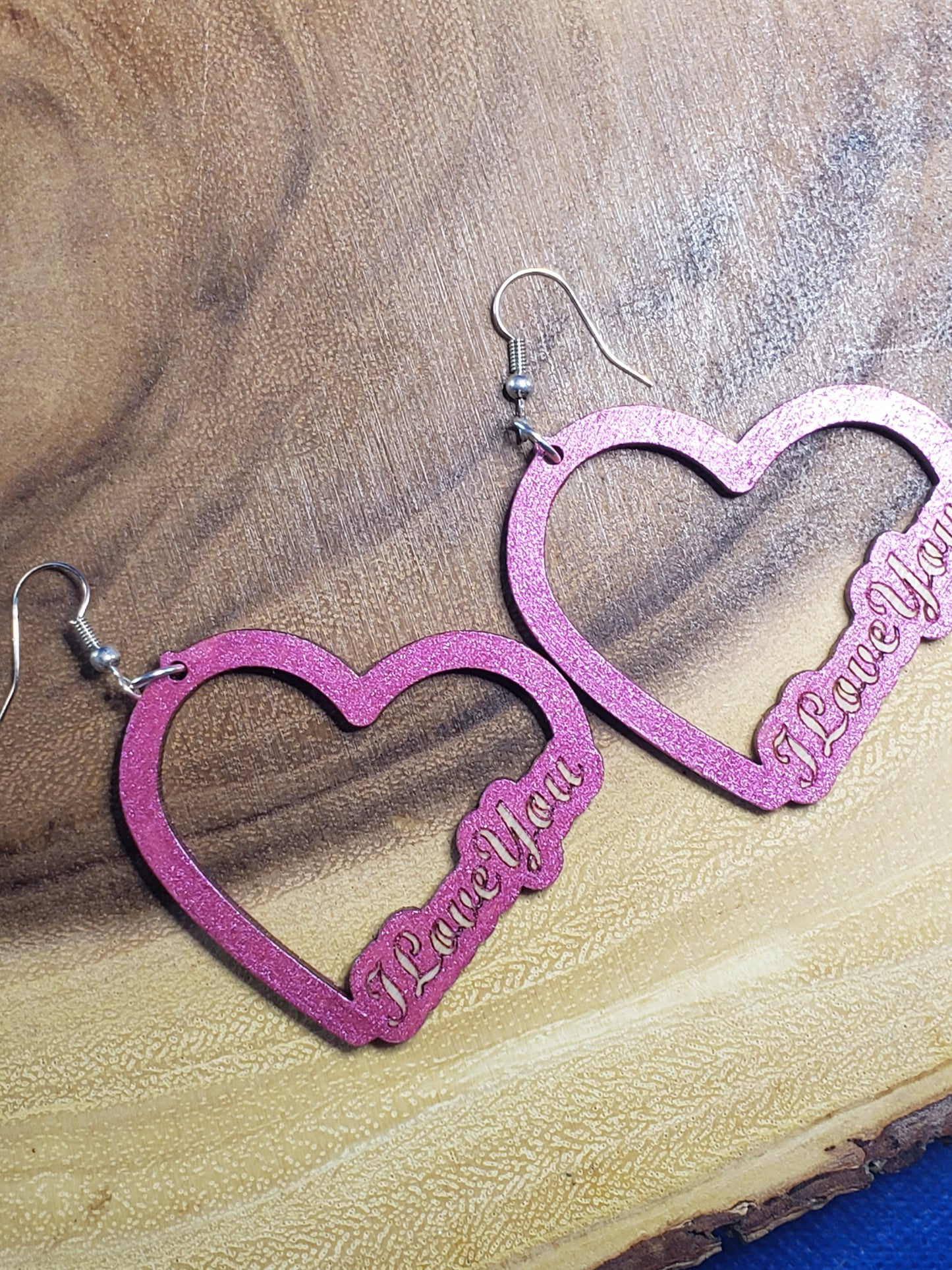 I Love You Heart Cutout Metallic Pink - Hand Painted Laser Cut Earrings