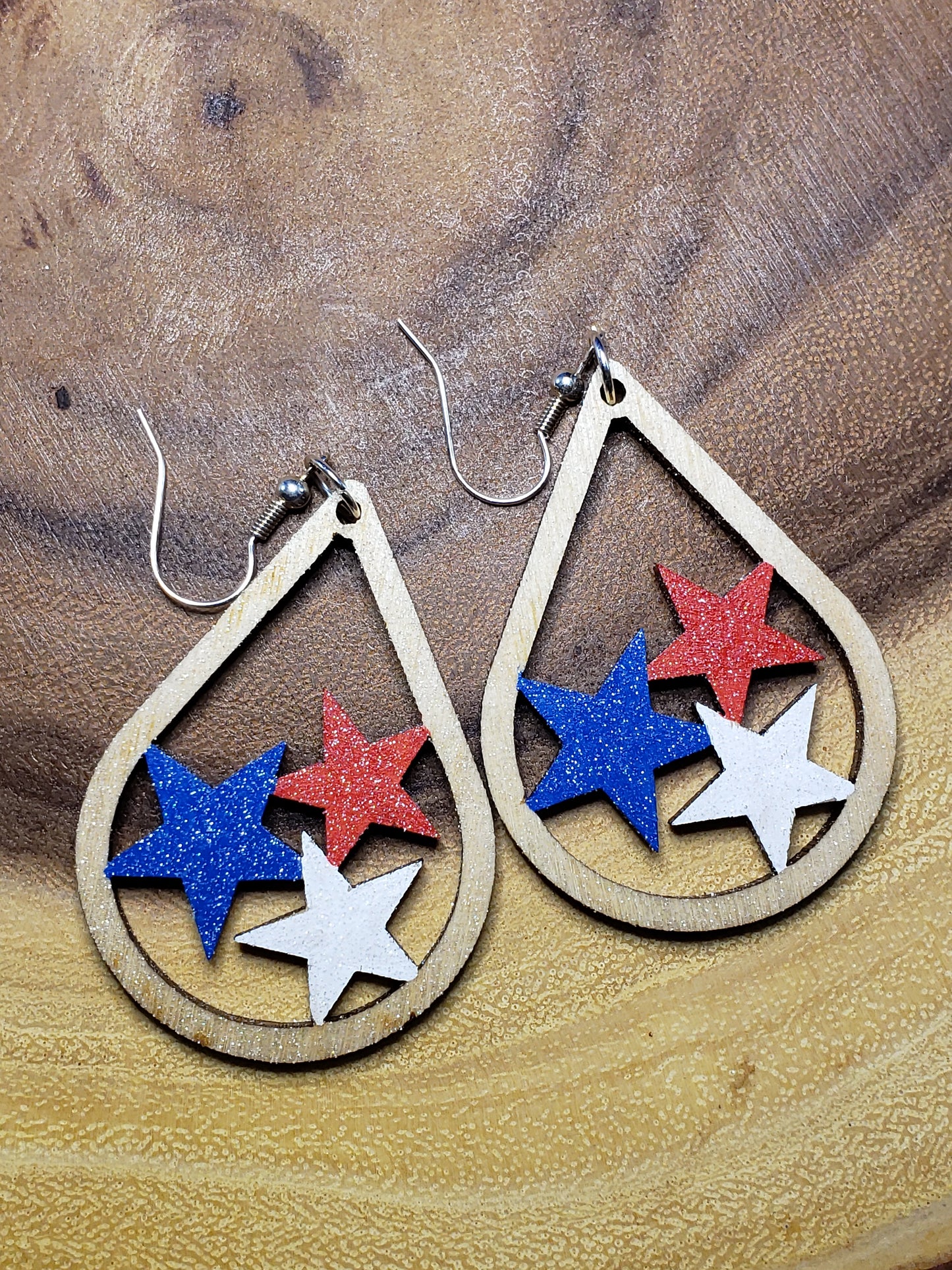 Patriotic Stars in Teardrop - laser cut Hand painted earrings