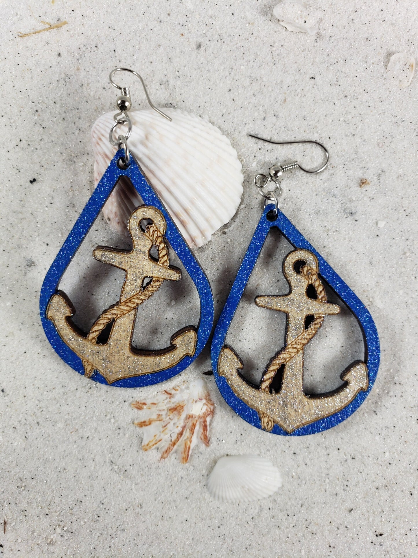 Blue accent Anchor Earrings-Hand painted Laser cut earrings