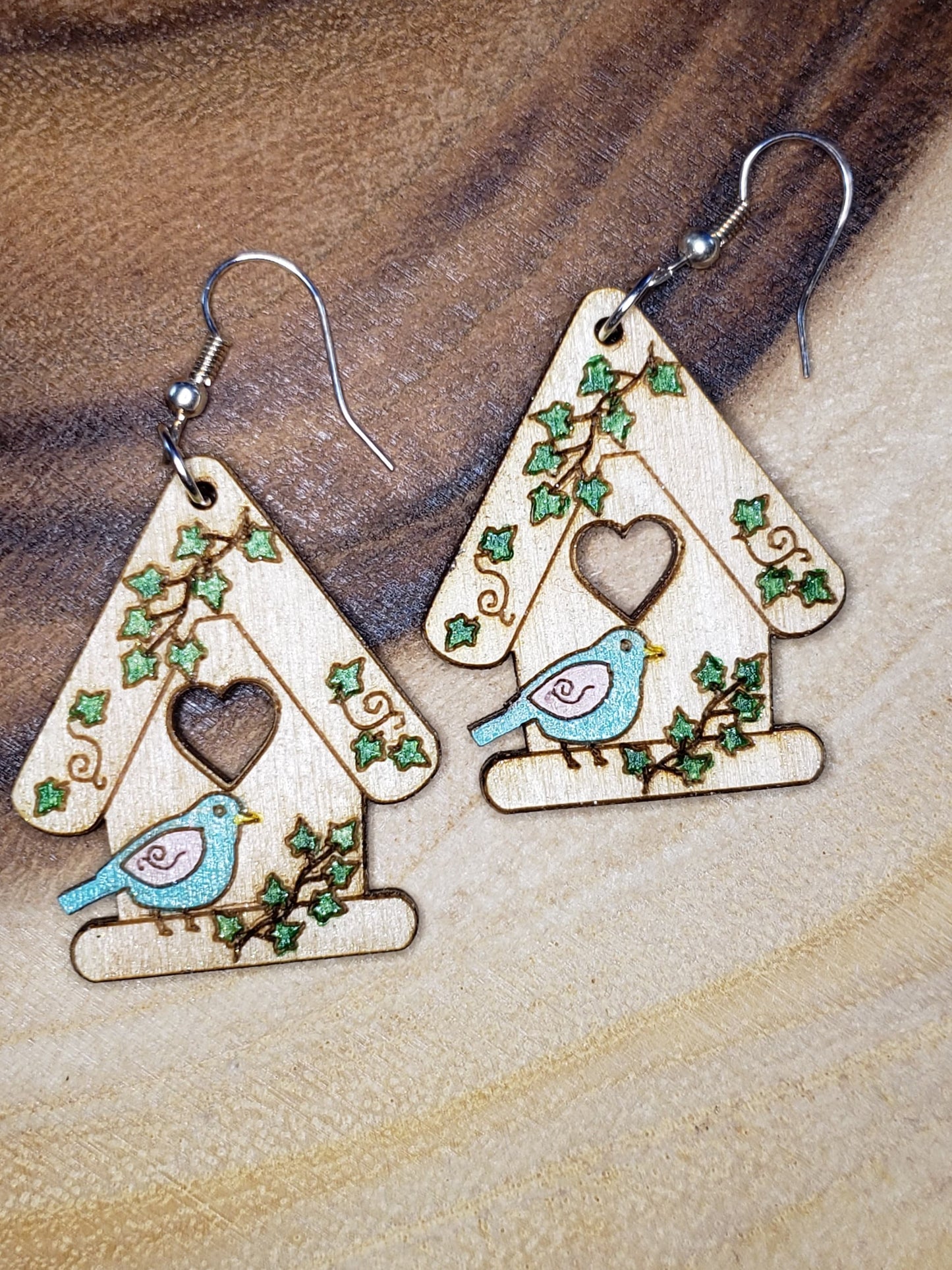 Birdhouse and Vines Earrings-laser cut Hand painted earrings