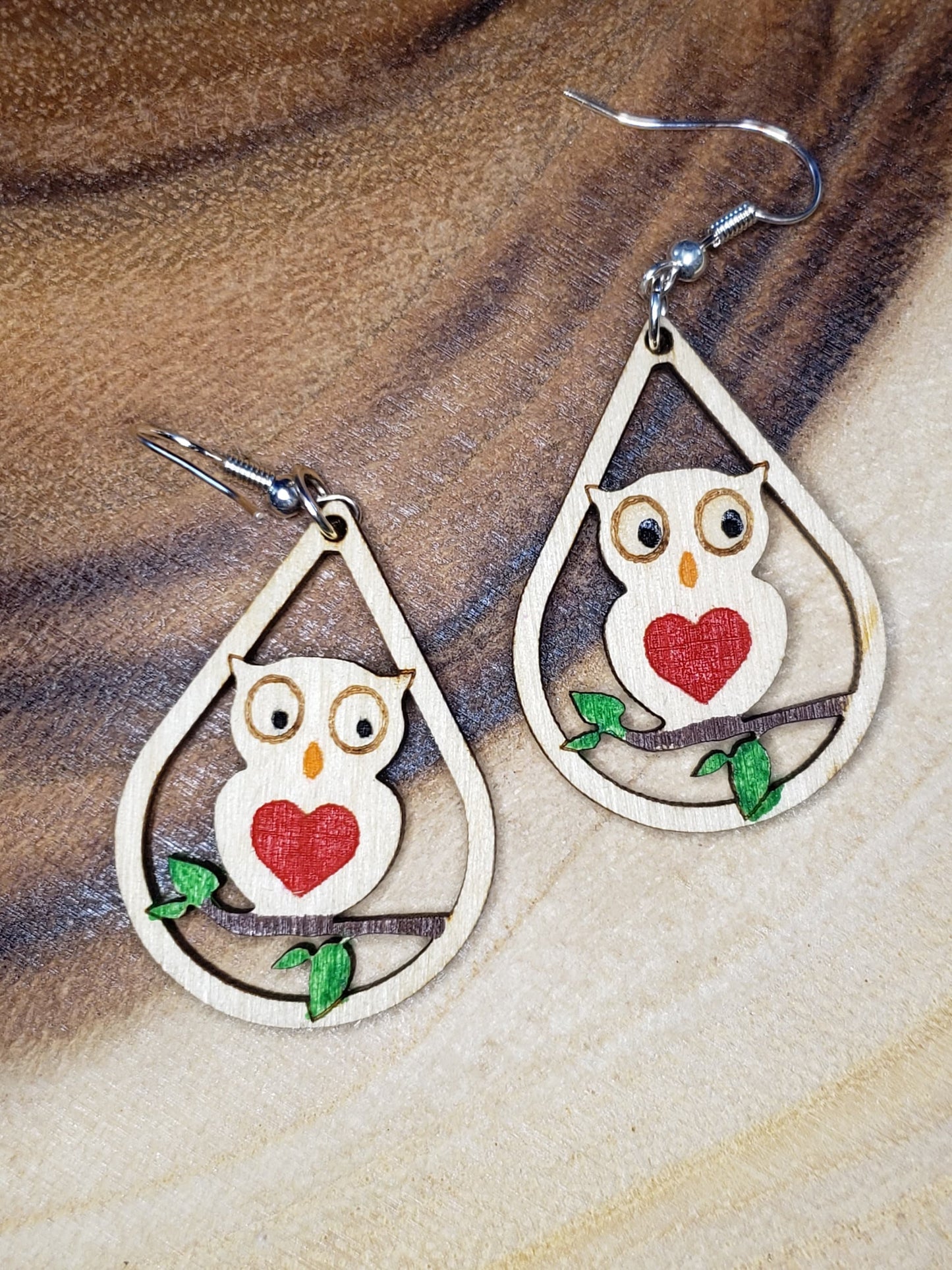 Owl in Teardrop - laser cut Hand painted earrings