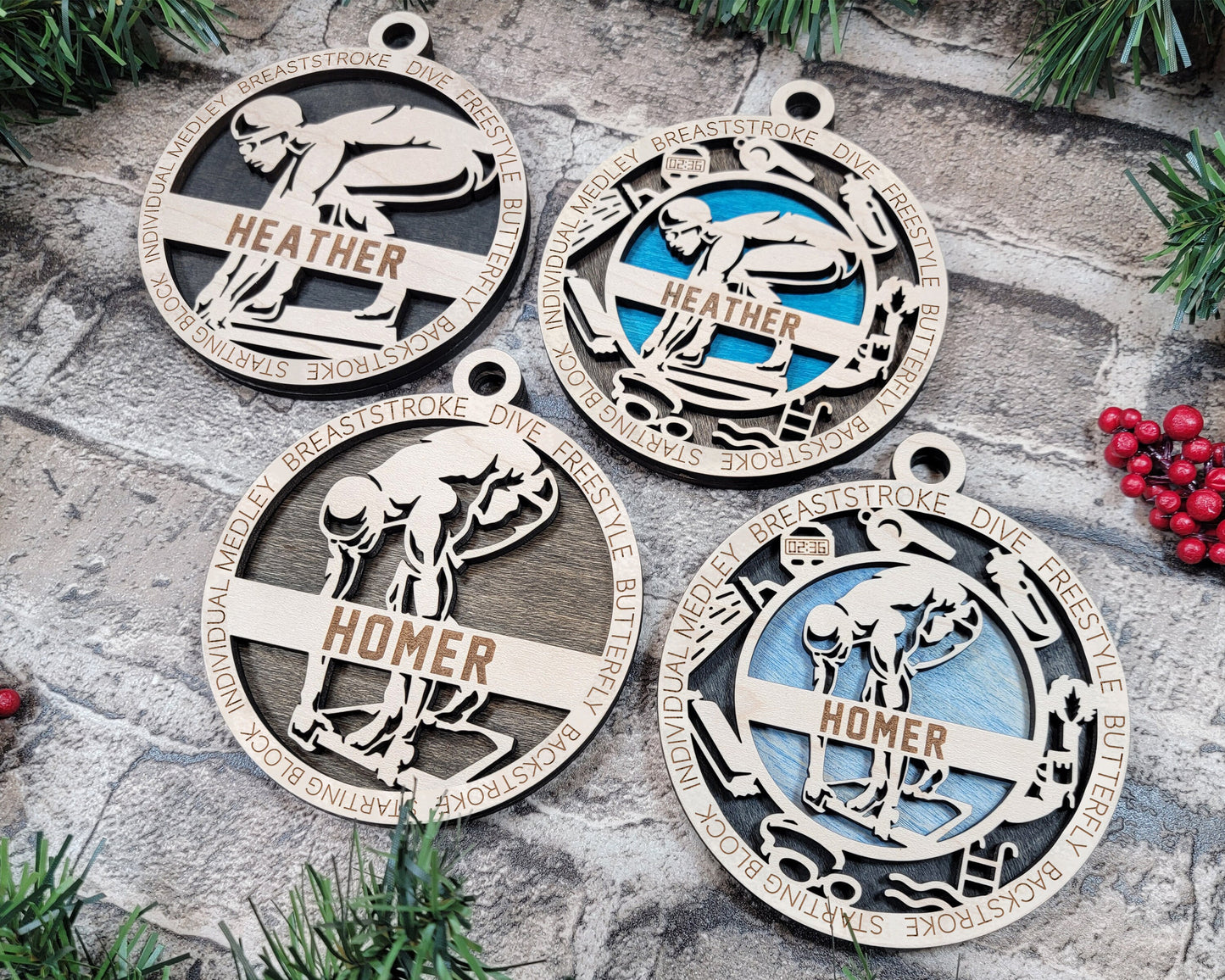 Swimming Sports Ornaments - Laser cut and engraved decorations