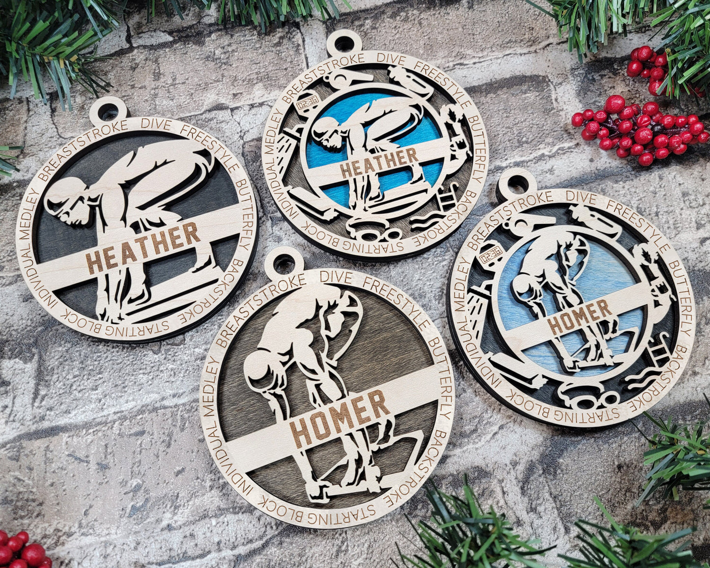 Swimming Sports Ornaments - Laser cut and engraved decorations